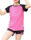 Echinodon Mädchen Sport Set Shirt + Shorts Schnelltrockend Anzug für Yoga Jogging Training Rosa 130