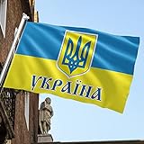 Wgjokhoi Ukraine-Flagge 5 x 3 Fuß lebendige Farbe Premium-Banner Ukrainische Flagge mit Dreizack, Doppelt genähte Flagge mit Zwei Kupfer Knopfloch (A, A)