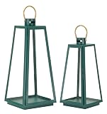 Set mit 2 eleganten grünen Laternen aus Metall und Glas mit goldenem Griff – dekorative Laterne Ø 25 x 25 x 57 cm und Ø 20 x 20 x 45 cm, beleuchten Sie Ihr Zuhause mit magischem L