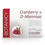 BOTANICY Cranberry + D-Mannose - Unterstützt Blase & Harnwege - PACRAN® Cranberry-Pulver, Vitamin C und D3, Kürbissamen & Löwenzahnwurzel Extrakt - 60 Cranberry Tabletten