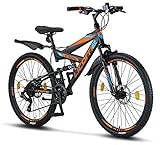 Licorne Bike Strong D Premium Mountainbike in 26 Zoll - Fahrrad für Jungen, Mädchen, Damen und Herren - Scheibenbremse vorne und hinten-Shimano 21 Gang-Schaltung-Vollfederung-Schwarz/Blau/Orange