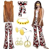Moiuguli Hippie Kostüm Damen Set, 60er 70er Jahre Faschingskostüm Hippie Kleidung Damen mit Fransenweste Schlaghose Hippie Accessoires, Hippie Kostüm für Karneval Party
