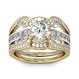 Jeulia Austauschbares Ring-Set aus zweifarbigem rund geschnittenem für Frauen Ehering CZ Solitaire Verlobungsringe Jubiläumsversprechen Schmuckbox (Silber, 58 (18.5)) (Silber&Golden, 60 (19.1))