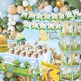 159pcs Blau Classic Winnie Baby Shower Dekorationen Kit, Vintage Winnie Party Supplies Dekorationen, Classic Pooh Hintergrund Kuchen Topper, Winnie Baby Tischdecke Box Dekorationen für Mädchen Jung