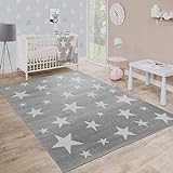 Paco Home Moderner Kurzflor Kinderteppich Sternendesign Kinderzimmer Star Muster Grau Weiß, Grösse:80x150 cm