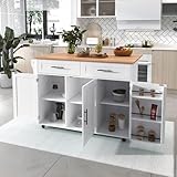Moimhear 129x46(71) x91,5cm großer Esszimmerwagen, Sideboard, Arbeitsplatte aus massivem Holz, klappbare Arbeitsplatte, Stauraumtür, Rollen-/Massivholzfüße, für den Hausgebrauch geeignet (Weiß)