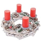 Mendler Adventskranz rund, Weihnachtsdeko Tischkranz, Holz Ø 35cm weiß-grau - mit Kerzen, rot