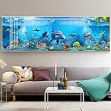Moderne blaue Poster und Drucke Tiefsee Meeresfische Tiere Leinwand Gemälde Wandkunst für Kinderzimmer Aquarium Dekor Gemälde 50 x 150 cm rahmenlos