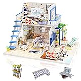 Cuteefun DIY Puppenhaus Miniatur Haus zum Selber Bauen für Erwachsene, Miniatur Puppenhaus Kit mit Möbelmusik-Staubschutz und Werkzeug, Bastelset Häuschen Holz (Blaue Küste)