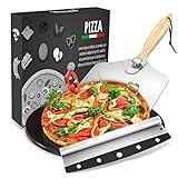 Pizzastein für Backofen & Gasgrill, 3er Set, inkl.Pizzaschneider, Runder Pizzastein aus Cordierit, Rostfrei & Antihaft