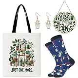 HIGHTERTON Pflanzengeschenke für Frauen, 4-teiliges Geschenk-Set für Gartenliebhaber, Topfpflanzen-Geschenke mit Canvas-Tragetasche, Socken, Ohrringe, Türdekoration, Mehrfarbig, Einheitsgröß