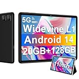 DMOAO Tablet 11 Zoll mit Widevine L1, 8000 mAh + 18W Schnellladung, 13 MP + 5 MP, Android 14 Tablets mit 20GB RAM + 128GB ROM (1 TB Erweiterbar), 5G WLAN, GPS, Octa-Core 2.0 GHz, Face ID, Schw