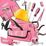 Hi-Spec Kinderwerkzeug in Pink-Rosa. Werkzeug in Kindergröße Hammer, Schraubernzieher, Schutzbrille und Helm in Einer Pinken Werkzeugtasche.