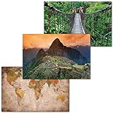 GREAT ART® Set mit 3 Poster – Inka Abenteuer – Weltkarte Retro Look Berge Urwald Brücke Dschungel Foto-Plakat Dekor Wand-Bild Inneneinrichtung (Din A2 - 42 x 59,4)