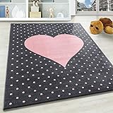 SIMPEX Kinderteppich für Mädchen kurzflor Herz Muster mit Punkten Grau Pink Farben, Größe:160x230 cm, Farbe:Pink