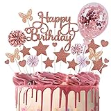 Tortendeko Cake Topper RoséGold 22 Stück Torten Deko Happy Birthday Kuchendeko Tortendeko Geburtstag Torte Cupcake Topper Konfettiballons Papierfächer Schmetterling Tortendeko