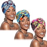SATINIOR 3 Stücke Afrikanischen Turban für Damen Knoten Pre-Gebunden Motorhaube Hut Kopfbedeckung (Blaugrün Rosa Geometrie)