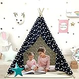 Kinder Tipi mit Matte Tipi-Zelt Spielen für Jungen Mädchen Baby Spielzelt 120 x 120 x 140 cm (Blauer Stern)