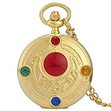 Auffällige goldene Quarz-Taschenuhr für Mädchen, einzigartige Anime Sailor Moon Muster Zifferblatt Taschenuhren für Frauen Taschenuhr, modische dünne Kette Anhänger Uhr für Damen