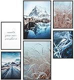 Papierschmiede® Mood Poster Set Swedish Winter, Bilder als Wanddeko, Wohnzimmer & Schlafzimmer, 2x DIN A4 und 4x DIN A5, Schweden blau beige Schnee Wasser Hütten - ohne Rahmen