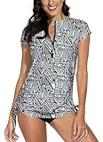 BesserBay Damen Schnelltrocknend Top UV Shirt Kurzarm UPF 50+ Sonnenschutz 1/4 Zip Rash Guard Geometrie Schwarz L