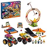 LEGO 60295 City Stuntz Stuntshow-Arena, Set mit 2 Monster Trucks, 2 Spielzeugautos, schwungradbetriebenem Motorrad, Feuerreifen und 6 Minifiguren