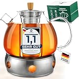 Neighbour's Friend® 1,5 l Teekanne mit Stövchen für losen Tee & Teebeutel - Glas Teekanne tropffrei groß - 3-teiliges Edelstahl-Sieb - Teestövchen Edelstahl kratzfrei - Für alle Teesorten