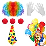 6 Stück Clown Kostüm Accessoire,Regenbogen Clown Lockenperücke,Clown Nase,Clown Bunte Krawatte,Clown Weiß Handschuhe,Clown Kostüm für Karneval Cosplay,Zirkus Requisiten,Clown Party Kinder Erwachsene