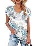 WNEEDU Damen Tshirt V-Ausschnitt Sommer Top Kurzarm Sommeroberteile Blütenblattärmeln Basic T-Shirts Leicht(Boho Grün Weiß,M)