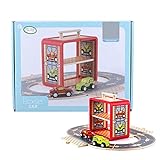Udeas Auto-Spielzeug-Set, Holz Spielzeug mit Zwei verschiedenen Holzauto mit Autorennbahn Holz, Doppeldecker-Garagen- Spielzeug Auto, Verschiedene Auto Farben