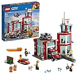 LEGO 60215 City Feuerwehr-Station, Feuerwehr-Spielzeug für Kinder mit Feuerwehrauto, Wasserscooter, Drohne, Licht-und Toneffekten und Minifiguren