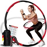 Hula-Hoop-Reifen für Erwachsene [+ Übungsheft] zum Abnehmen + GRATIS Springseil - Powerhoop Gewicht & Größe verstellbar - Fitness-Zubehör-Set Deluxe - Jump-Rope für Speed-Jumping in Schwarz-Rot