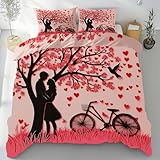 Tyafsgvqo Romantisch Valentinstag Bettwäsche 135x200 3 Teilig, Fahrrad Pärchen Bettbezug Weich & Atmungsaktiv, Herzen Liebe Bettwäsche Set, Wendebettwäsche mit 2 Kissenbezug 80x80