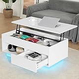LED-Couchtisch für Wohnzimmer, mit Hebeplatte, moderner Hochglanz, 4 Etagen, weißer Teetisch, Mitteltisch, Sofa, verstecktes Fach, 1 offenes Regal und 1 Schub