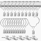 SWTYExt 20 Stück 32mm Vorhangringe mit Clips & 5 Stück Gardinen Klammern Metall Gardinenringe Stainless Hanging Gardinenringe mit Haken für Vorhangstange Vorhang Fenster Duschvorhang W