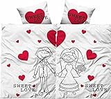 Leonado-Vicenti 4 teilige Bettwäsche 135x200 cm Hochzeit Partner Sweet Love Herzen weiß rot