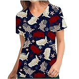Sommer Herbst Bluse Shirt für Damen 2023 Kleidung Kurzarm V-Ausschnitt Grafik Arbeit Scrub Uniform T-Shirt mit Taschen B6, navy, XXL