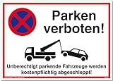 Großes Schild Parken verboten | Alu 42 x 30 cm | Unberechtigt parkende Fahrzeuge werden kostenpflichtig abgeschleppt! weiß | stabiles Alu Schild mit UV-Schutz | Parkverbot | Dreifke®