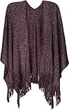 styleBREAKER Strick Cape mit Glitzerfäden und Fransen, Umhang, Poncho, Damen 08010045, Farbe:Bordeaux-Rot