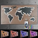 LED Weltkarte Holzoptik 3D LUX Wandbild hinterleuchtet RGB Beleuchtung Wooden World Map Leuchtbild mit Fernbedienung