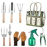Grenebo Gartenwerkzeug 9PCS Gärtner set mit Gartenschere/X Large Griff/Tasche/ Handwerkzeug Kit für Gartenarbeit, Ideal Gartengeschenke für Frauen, Männer Muttertagsgeschenke