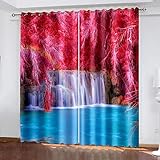 Vorhang Wasserfall Rote Blätter- 3D Druckmuster Öse Thermisch Isoliert Blickdicht Vorhang Für Kinder Jungen Mädchen Spielzimmer220X215Cm