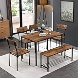 KecDuey Essgruppen, Esstisch mit 2 Stuhl und 1 Bank-Set, Küchentisch-Set, 4 Holz-Stahlrahmen, Industrie-Stil, Retro-Küchen-Esstisch-Set (1 Esstisch mit 4 Stühle und 1 Bank-Set)