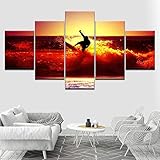 Kunstdrucke Gemälde 5 Teilig Leinwanddrucke,Wand Für Zuhause Leinwand Malerei Wohnzimmer Wohnung Deko Modulare Bilder Ocean Sea Surfing R