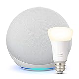 Echo (4. Generation) | Mit herausragendem Klang | Weiß + Philips Hue Smarte Lampe (E27), Funktionert mit Alexa