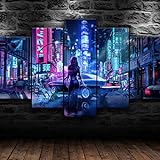 UYTRE Leinwanddruck HD-Druckplakat,Neonstadt-Japan-Mädchen,Moderne Wandbilder Wohnzimmer Wohnkultur 5 teilige leinwandbilder XXL Kreatives Geschenk wanddeko Gerahmte