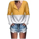 Damen Sweatshirt Casual V-Ausschnitt Langarm Patchwork T-Shirt Knopf Spleißen Bluse Tops 7 Tage, gelb, 38