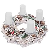 Mendler Adventskranz rund, Weihnachtsdeko Tischkranz, Holz Ø 35cm weiß-grau - mit Kerzen, weiß