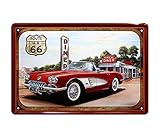 schilderkreis24 Blechschild “Route US 66 Diner“ Rote Auto Car Deko Retro Metallschild Vintage Garage Werkstatt Hobbyraum Geschenk zum Geburtstag oder Weihnachten 20x30
