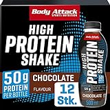 Body Attack High Protein Shake, Chocolate, 50g Protein, kalorienarmer Fitness Shake für den Muskelaufbau - Milch-Eiweiß, Fertigdrink für unterwegs, in 500ml Flasche, Made in Germany, (12 x 500ml)